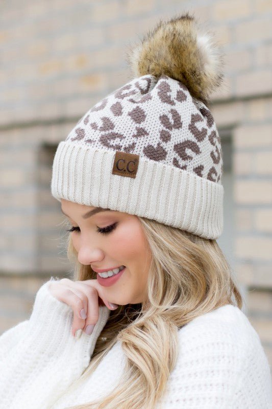 Leopard Fur Pom Beanie - Bold Rose Boutique