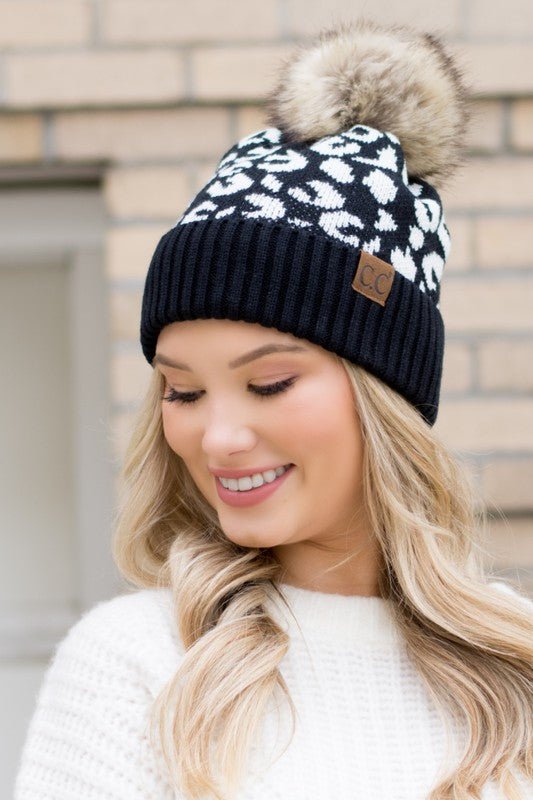 Leopard Fur Pom Beanie - Bold Rose Boutique