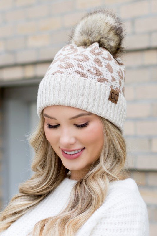 Leopard Fur Pom Beanie - Bold Rose Boutique