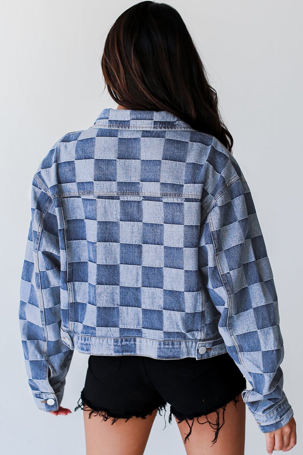 Light Blue Checkered Patchwork Button up Denim Jacket - Bold Rose Boutique