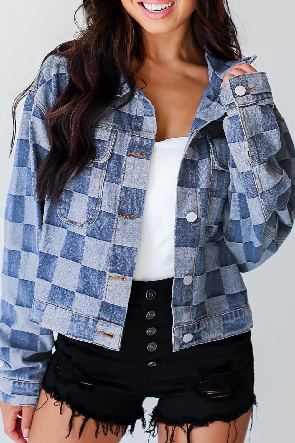 Light Blue Checkered Patchwork Button up Denim Jacket - Bold Rose Boutique