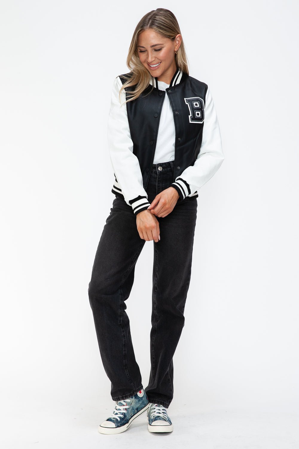 Love Me Now PU Leather Contrast Snap Down Bomber Jacket - Bold Rose Boutique