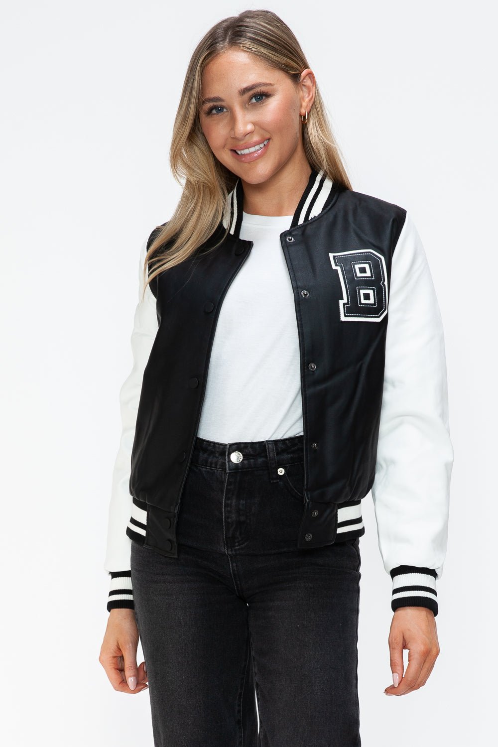 Love Me Now PU Leather Contrast Snap Down Bomber Jacket - Bold Rose Boutique