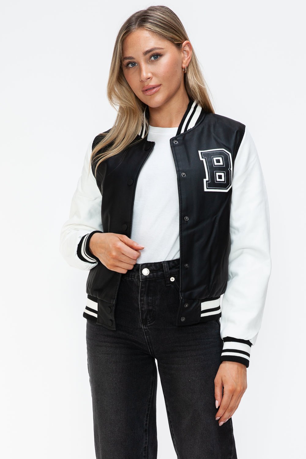 Love Me Now PU Leather Contrast Snap Down Bomber Jacket - Bold Rose Boutique