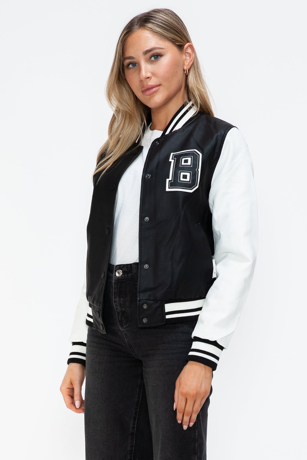 Love Me Now PU Leather Contrast Snap Down Bomber Jacket - Bold Rose Boutique