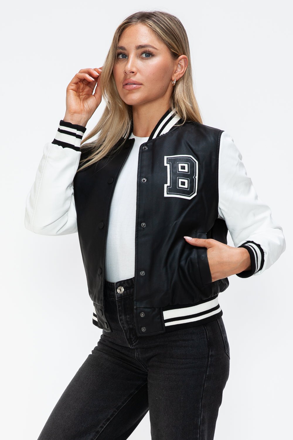 Love Me Now PU Leather Contrast Snap Down Bomber Jacket - Bold Rose Boutique