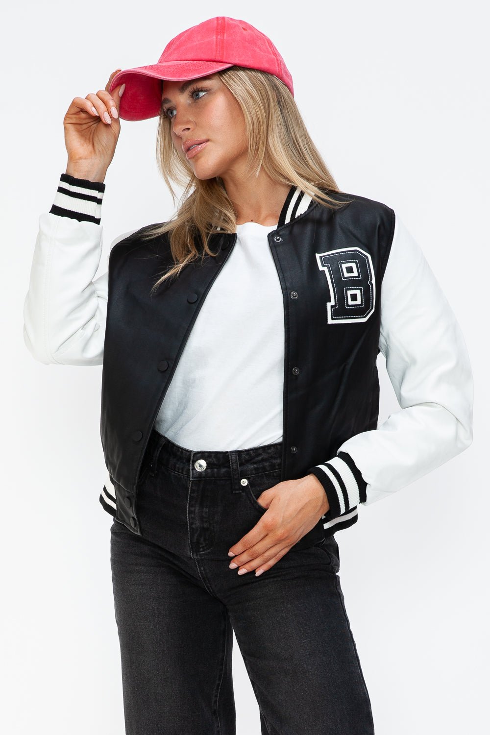 Love Me Now PU Leather Contrast Snap Down Bomber Jacket - Bold Rose Boutique