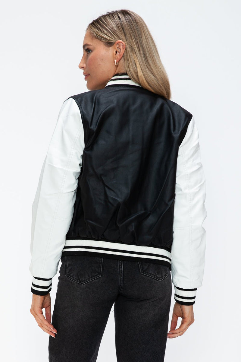 Love Me Now PU Leather Contrast Snap Down Bomber Jacket - Bold Rose Boutique