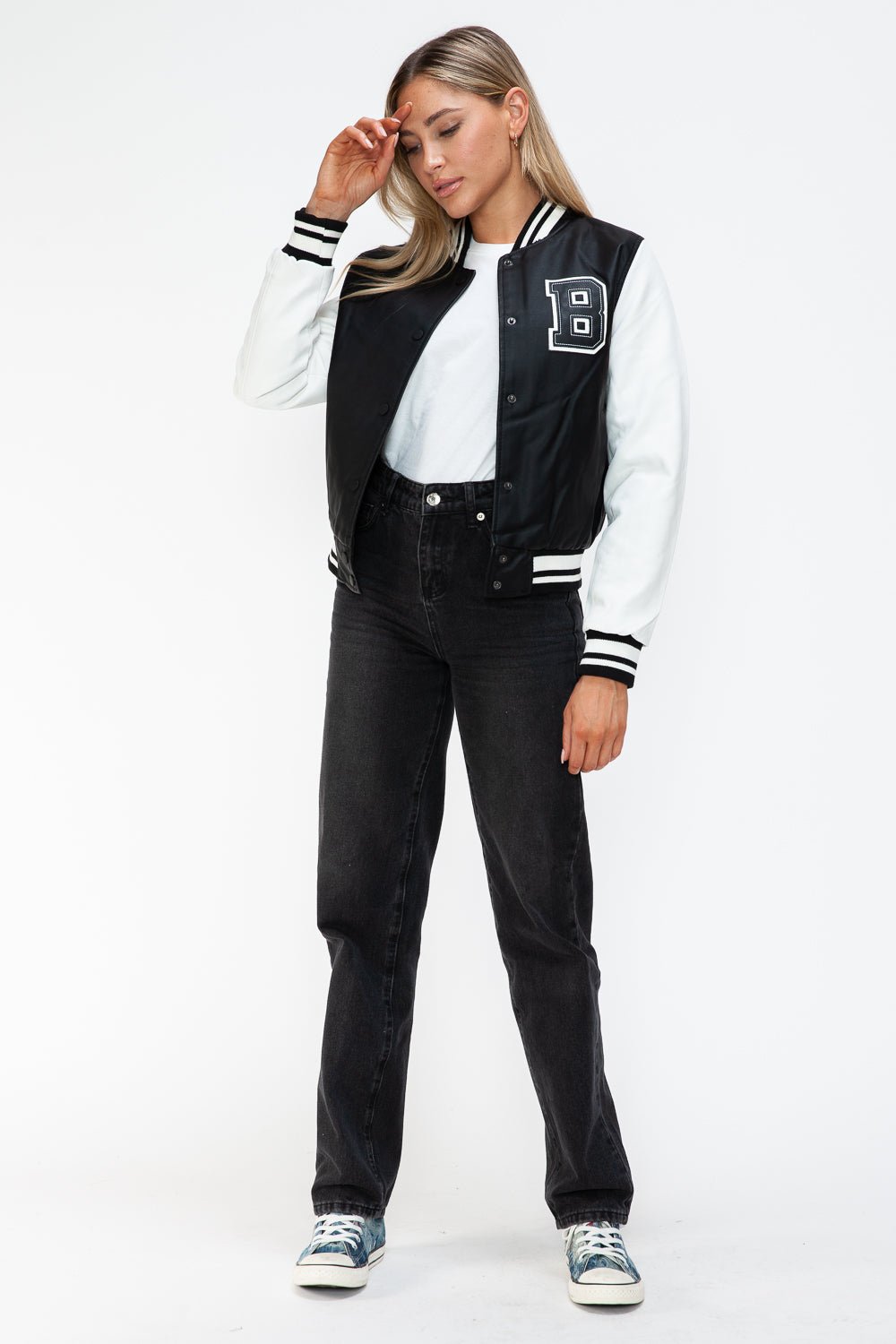 Love Me Now PU Leather Contrast Snap Down Bomber Jacket - Bold Rose Boutique