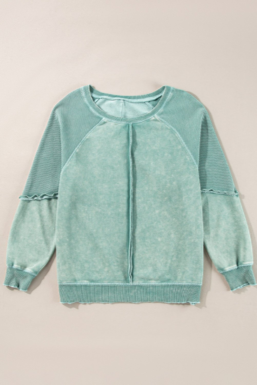 Mineral Blue Solid Waffle Knit Patchwork Raglan Sleeve Sweatshirt - Bold Rose Boutique