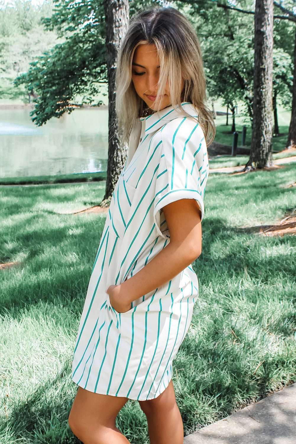 Mint Green St Patricks Striped Wide Short Sleeve Shift Mini Shirt Dress - Bold Rose Boutique