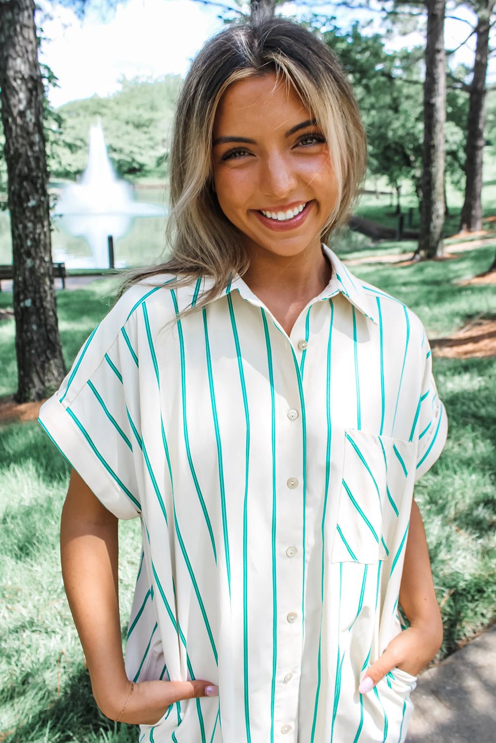 Mint Green St Patricks Striped Wide Short Sleeve Shift Mini Shirt Dress - Bold Rose Boutique