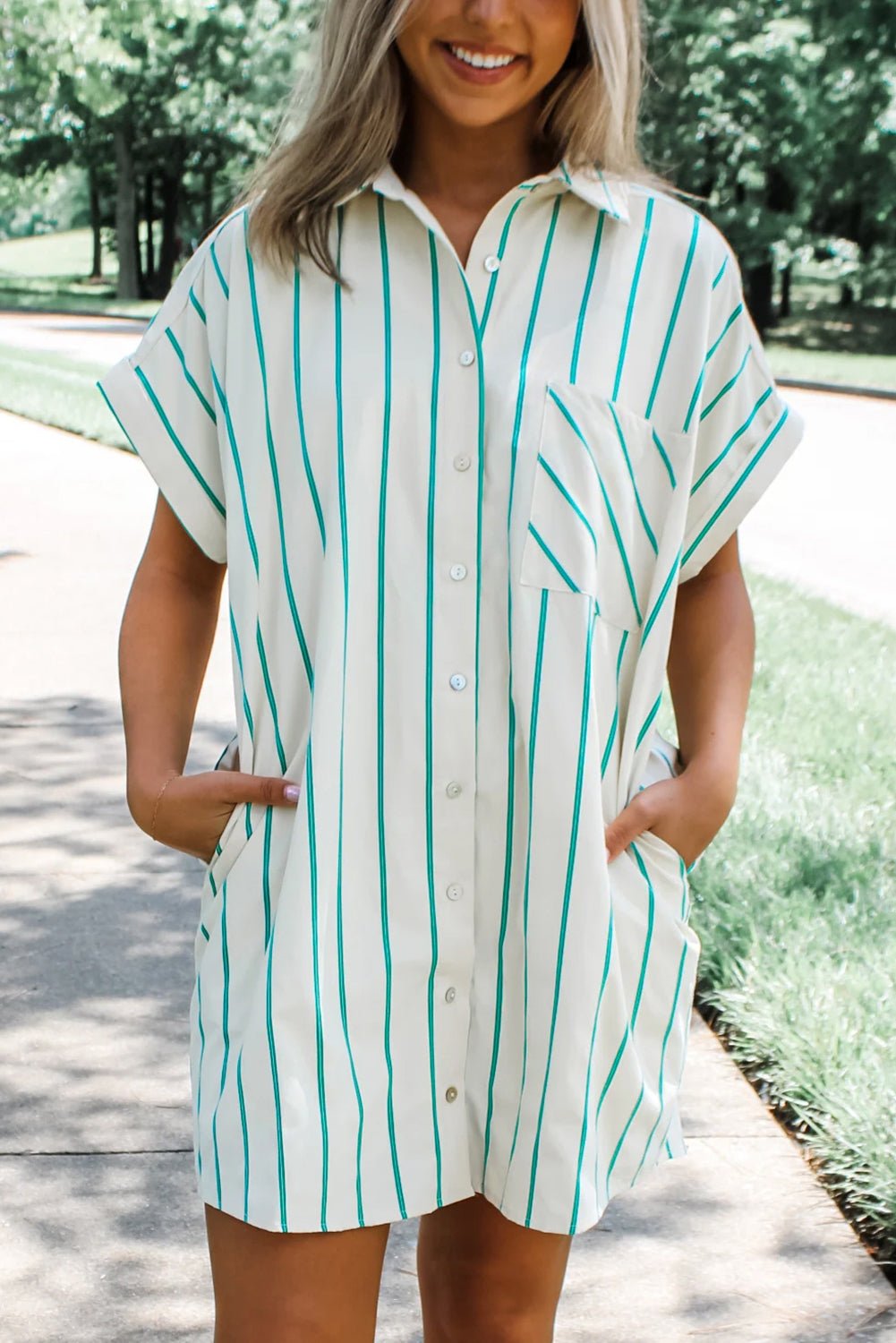 Mint Green St Patricks Striped Wide Short Sleeve Shift Mini Shirt Dress - Bold Rose Boutique