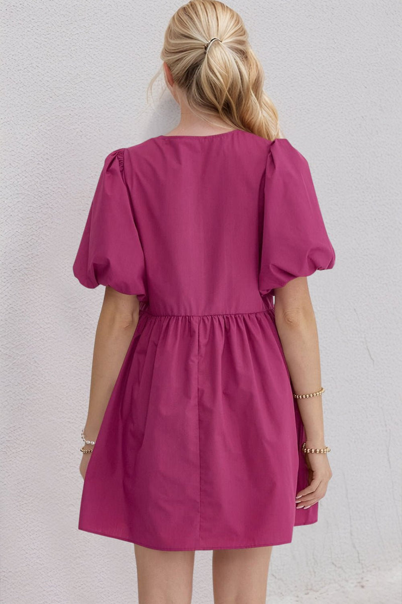 Oh Bow Ruched Puff Sleeve Mini Dress - Bold Rose Boutique