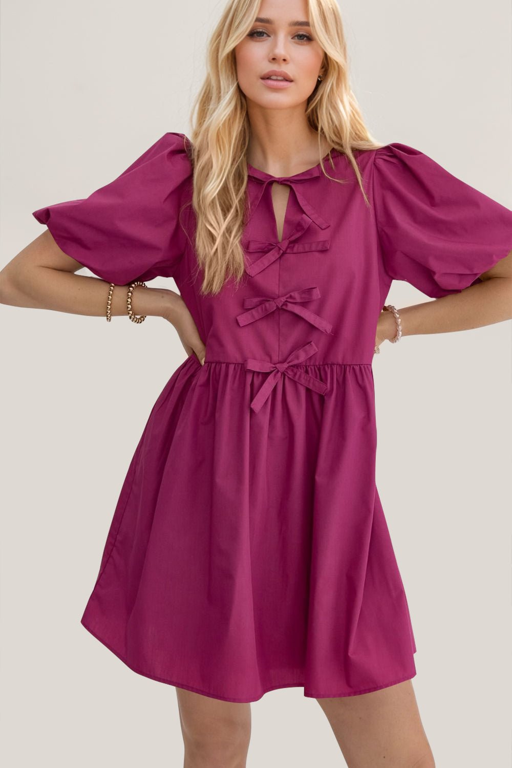 Oh Bow Ruched Puff Sleeve Mini Dress - Bold Rose Boutique