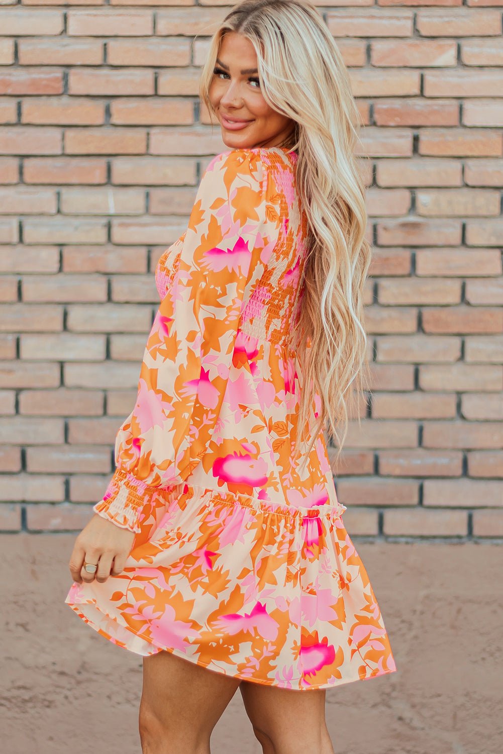 Orange Abstract Print Smocked Lantern Sleeve Ruffle Mini Dress - Bold Rose Boutique