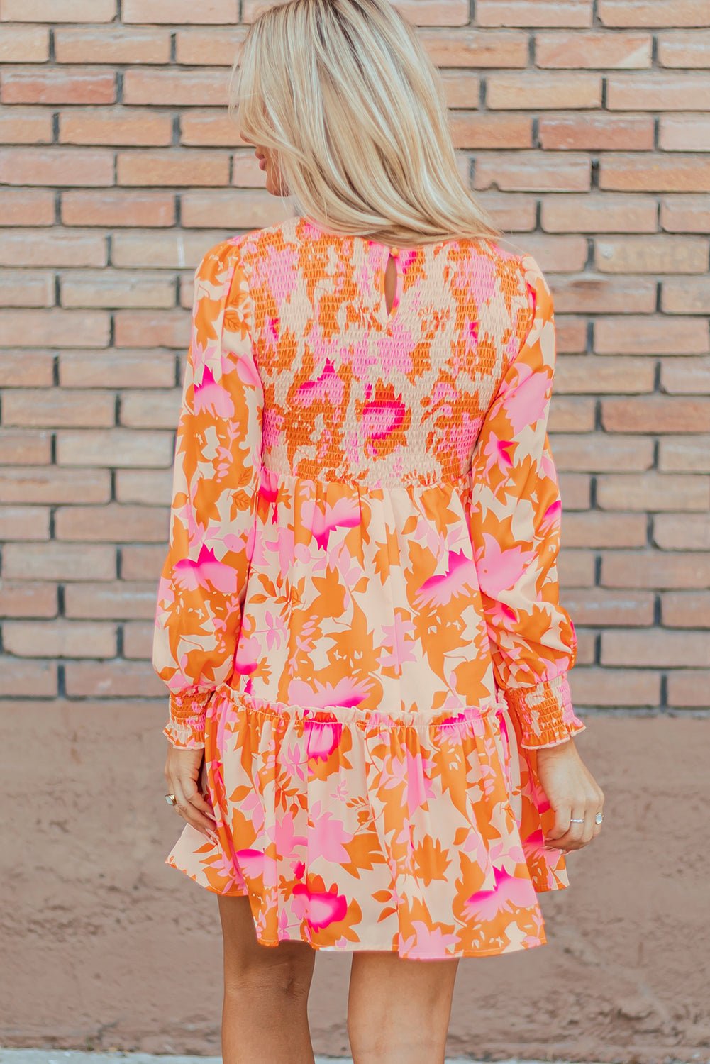 Orange Abstract Print Smocked Lantern Sleeve Ruffle Mini Dress - Bold Rose Boutique