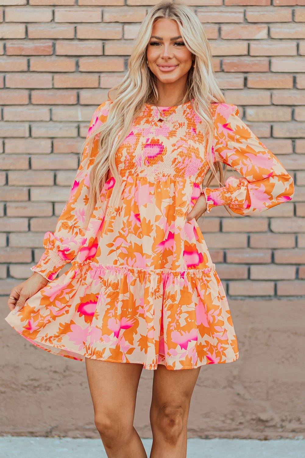 Orange Abstract Print Smocked Lantern Sleeve Ruffle Mini Dress - Bold Rose Boutique