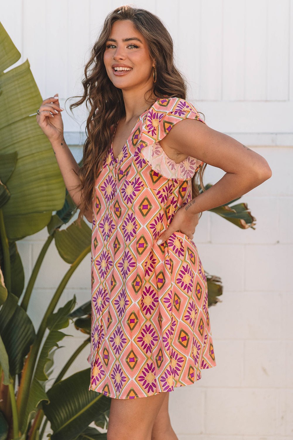 Orange Geometric Floral V Neck Buttoned Ruffled Sleeve Mini Dress - Bold Rose Boutique