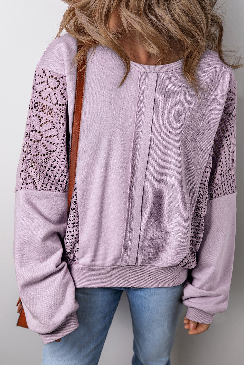 Parchment Knit Crochet Exposed Seam Ribbed Trim Sweatshirt - Bold Rose Boutique