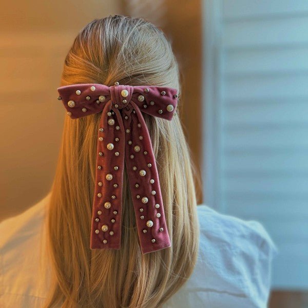 Pearl Throwed Velvet Bow Hair Clip - Bold Rose Boutique