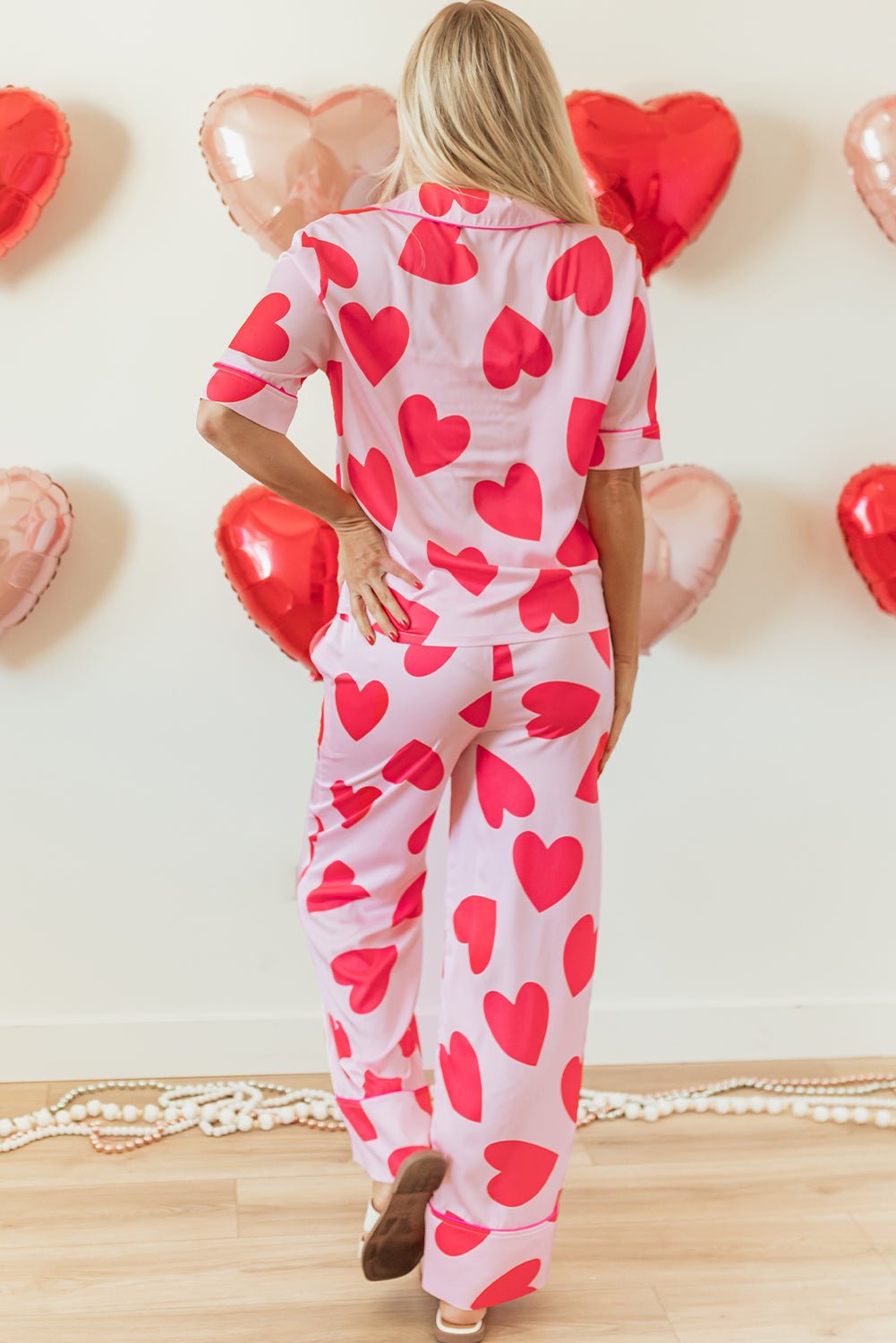 Pink Classic Heart Valentines Short Sleeve Pants Pajamas Set - Bold Rose Boutique