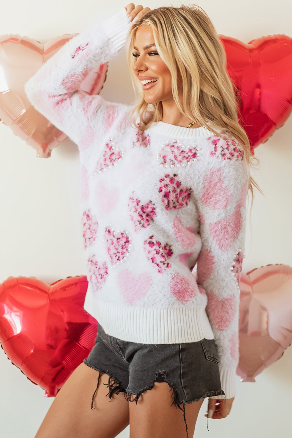 Pink Heart Leopard Print Pearled Ribbed Trim Fuzzy Sweater - Bold Rose Boutique