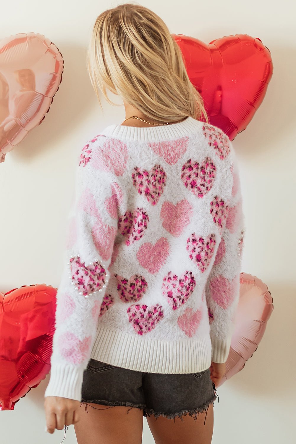 Pink Heart Leopard Print Pearled Ribbed Trim Fuzzy Sweater - Bold Rose Boutique