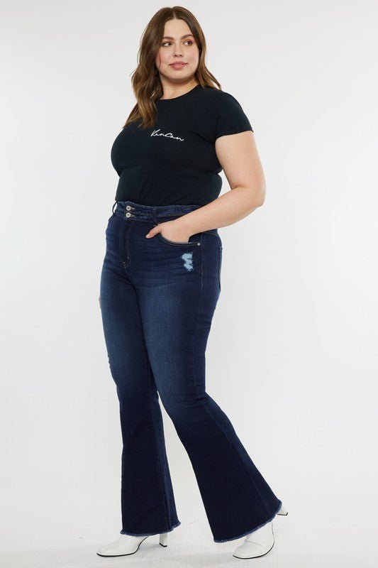 Plus High Rise Double WB Fray Hem Flare Jeans - Bold Rose Boutique