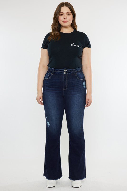 Plus High Rise Double WB Fray Hem Flare Jeans - Bold Rose Boutique