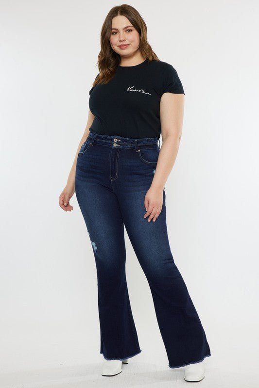 Plus High Rise Double WB Fray Hem Flare Jeans - Bold Rose Boutique