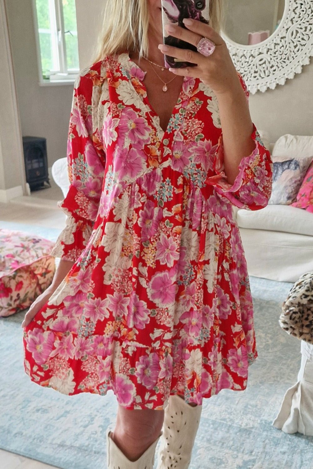 Red Floral Print High Waist V Neck Babydoll Mini Dress - Bold Rose Boutique