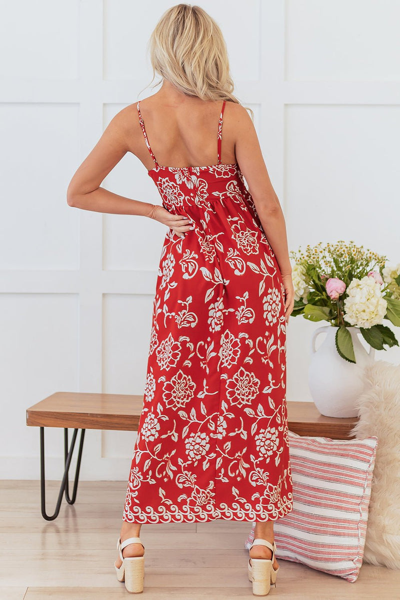 Red Floral Printed Spaghetti Strap Empire Waist Maxi Dress - Bold Rose Boutique