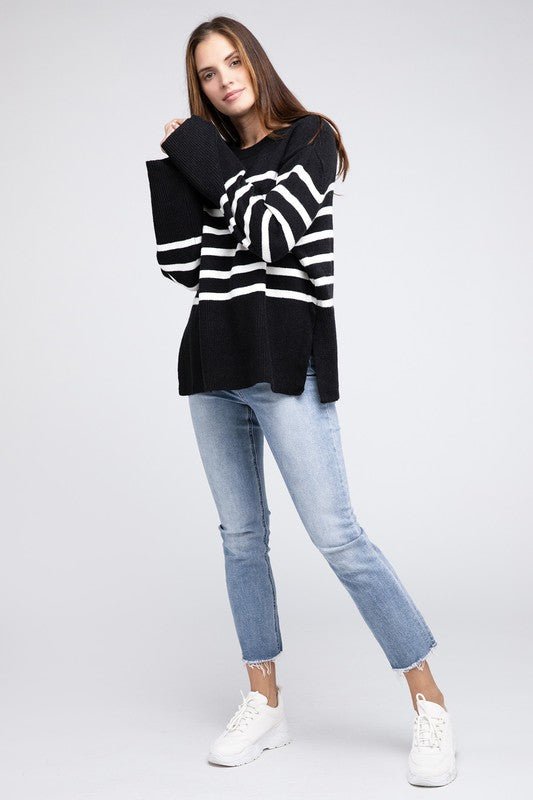 Ribbed Hem Stripe Sweater - Bold Rose Boutique