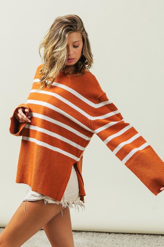 Ribbed Hem Stripe Sweater - Bold Rose Boutique