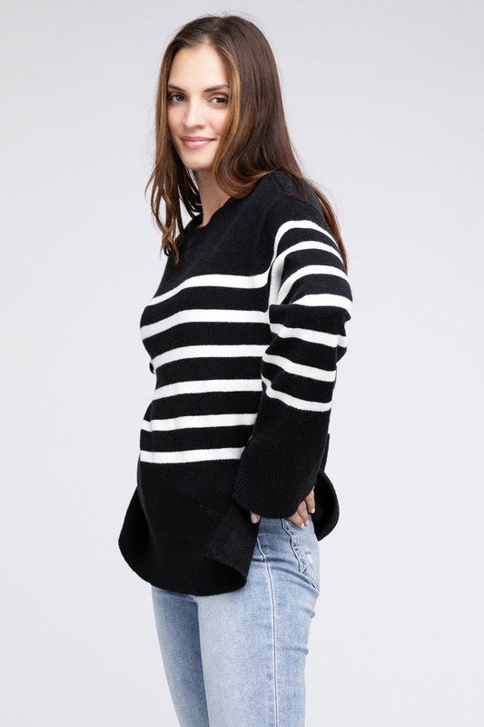 Ribbed Hem Stripe Sweater - Bold Rose Boutique