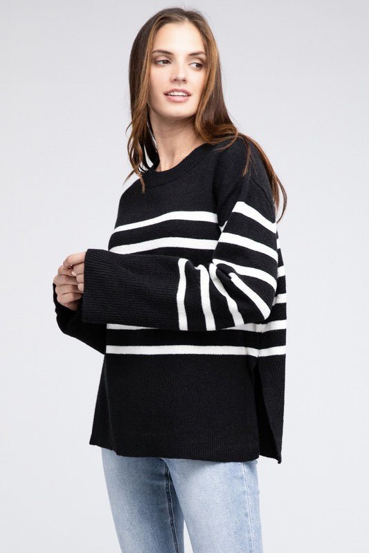 Ribbed Hem Stripe Sweater - Bold Rose Boutique