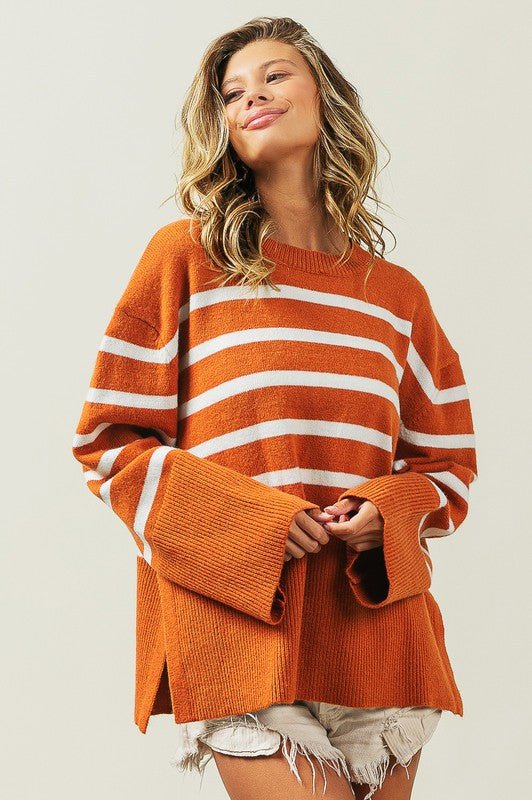 Ribbed Hem Stripe Sweater - Bold Rose Boutique