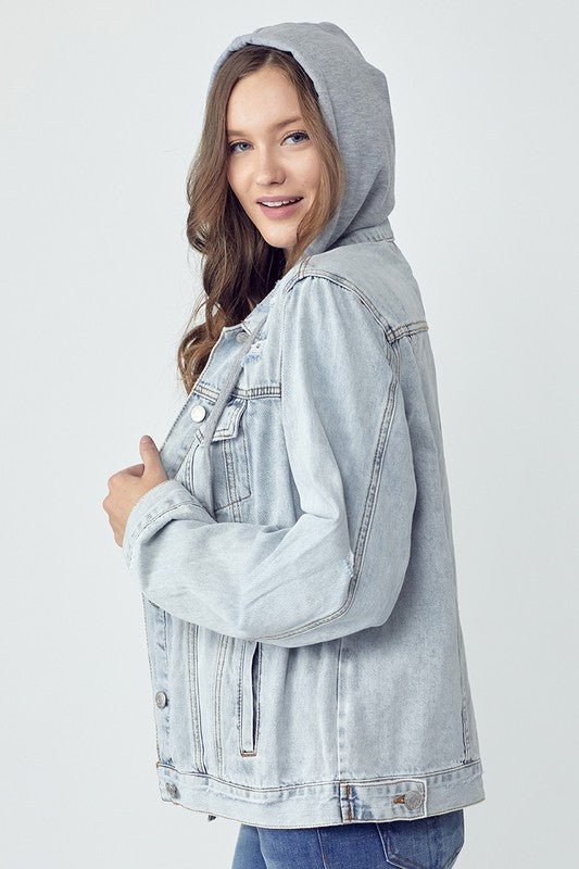 RISEN Full Size Distressed Drawstring Hooded Denim Jacket - Bold Rose Boutique