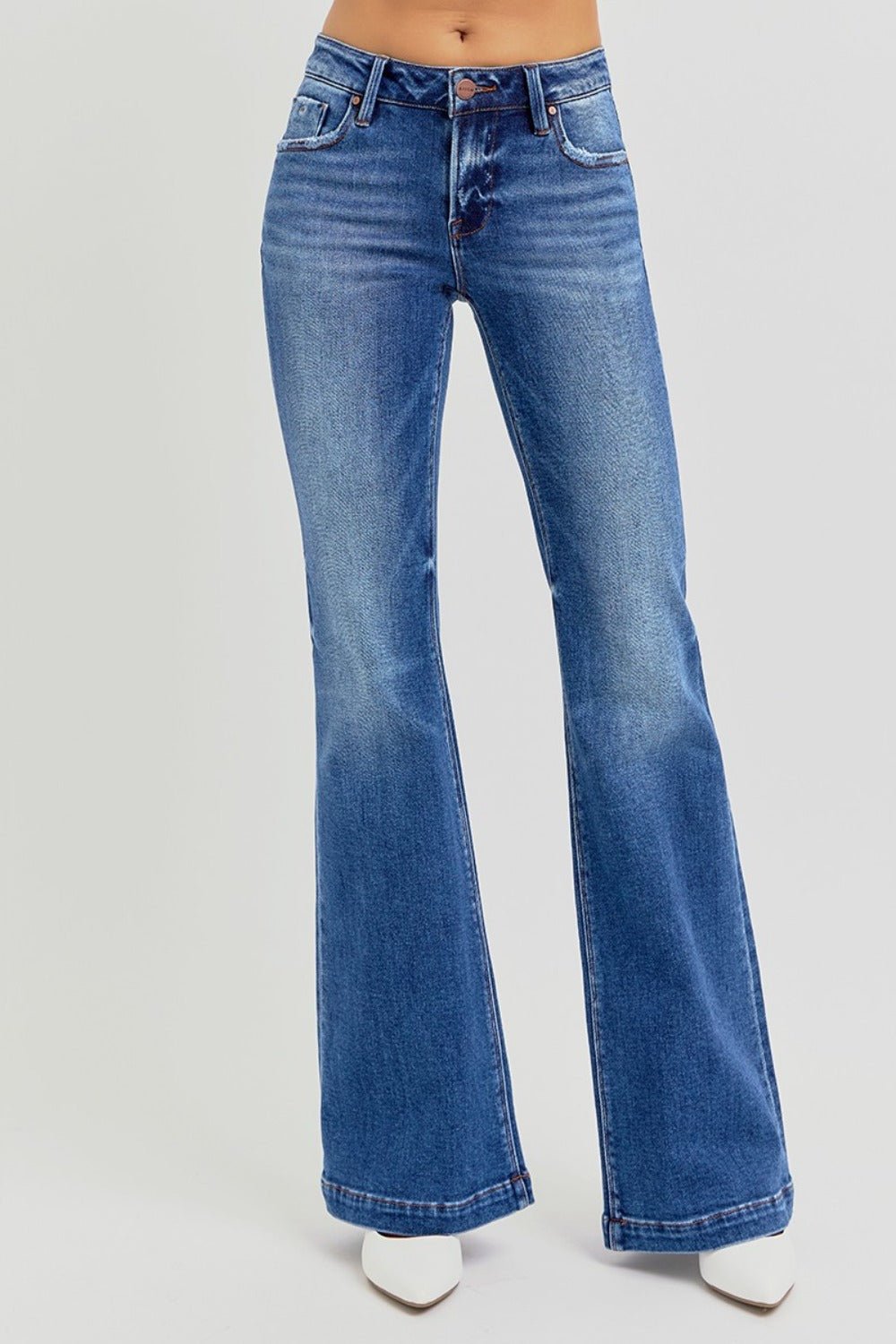 RISEN Full Size Low Rise Flare Jeans with Pockets - Bold Rose Boutique