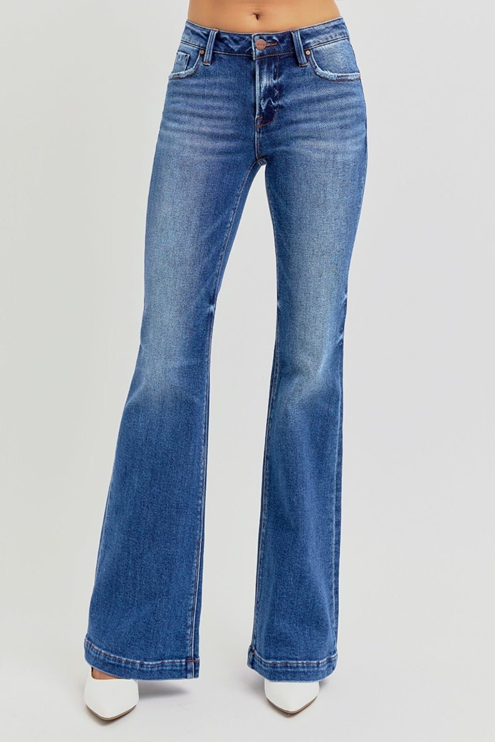 RISEN Full Size Low Rise Flare Jeans with Pockets - Bold Rose Boutique