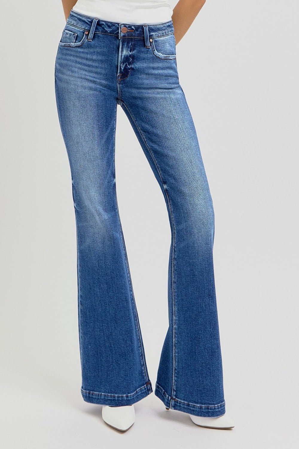 RISEN Full Size Low Rise Flare Jeans with Pockets - Bold Rose Boutique