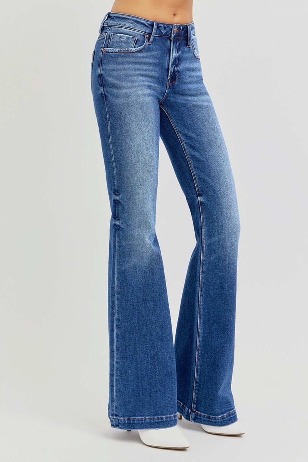 RISEN Full Size Low Rise Flare Jeans with Pockets - Bold Rose Boutique