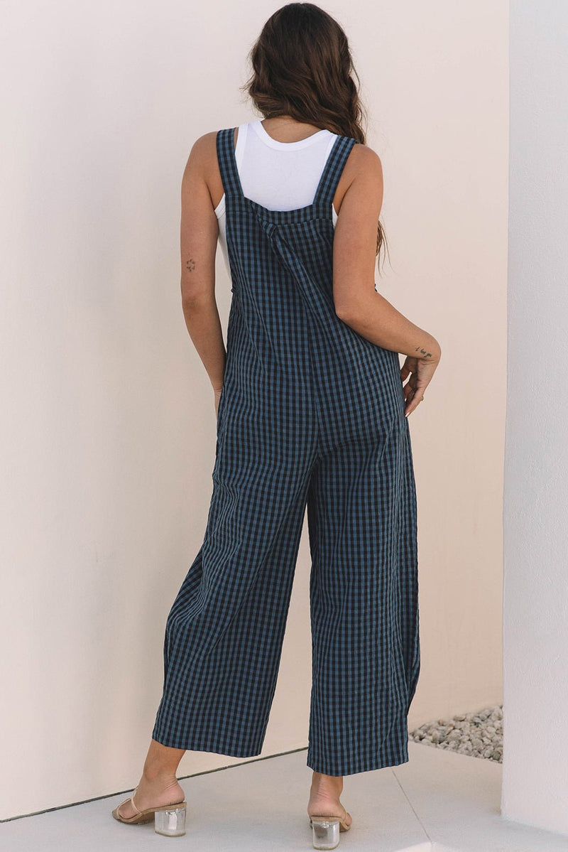 Sail Blue Plaid Print Buttoned Pocketed High Waist Overall - Bold Rose Boutique