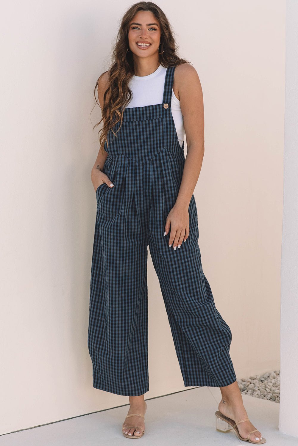 Sail Blue Plaid Print Buttoned Pocketed High Waist Overall - Bold Rose Boutique