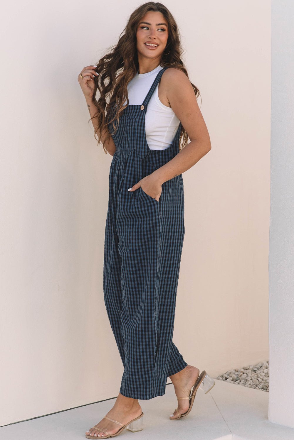 Sail Blue Plaid Print Buttoned Pocketed High Waist Overall - Bold Rose Boutique