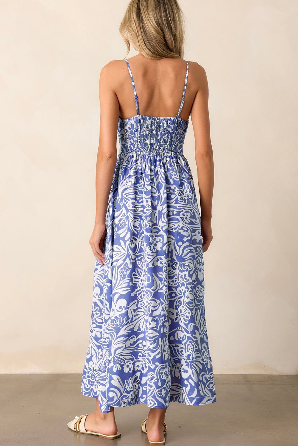 Sky Blue Floral Print Spaghetti Strap High Waist Maxi Dress - Bold Rose Boutique