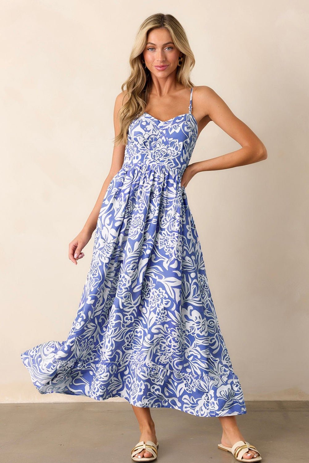 Sky Blue Floral Print Spaghetti Strap High Waist Maxi Dress - Bold Rose Boutique