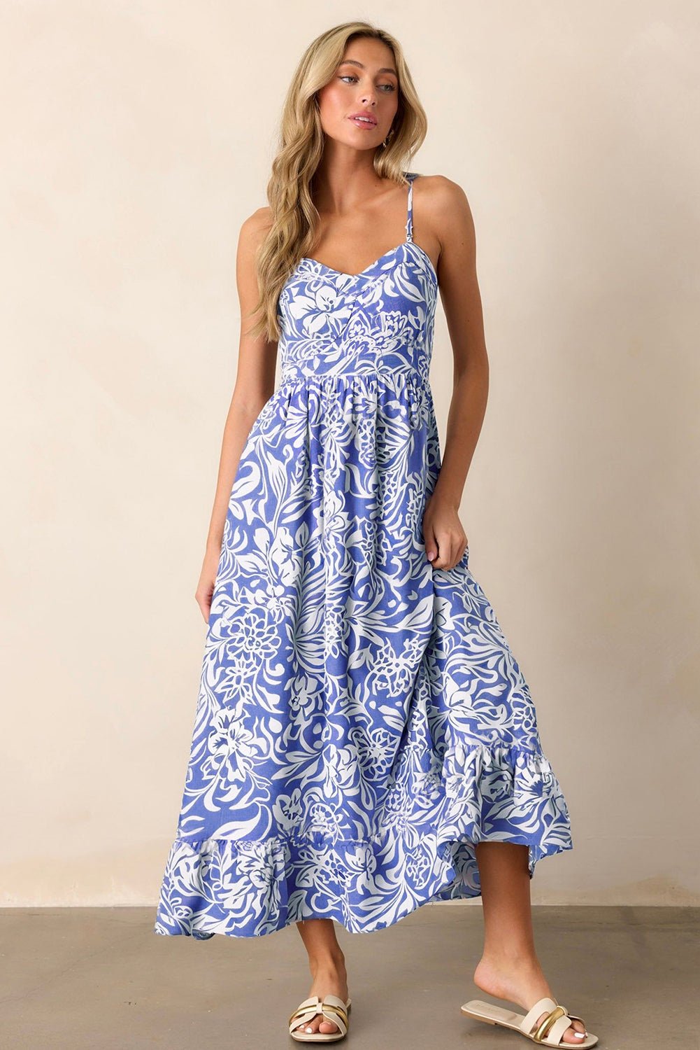 Sky Blue Floral Print Spaghetti Strap High Waist Maxi Dress - Bold Rose Boutique