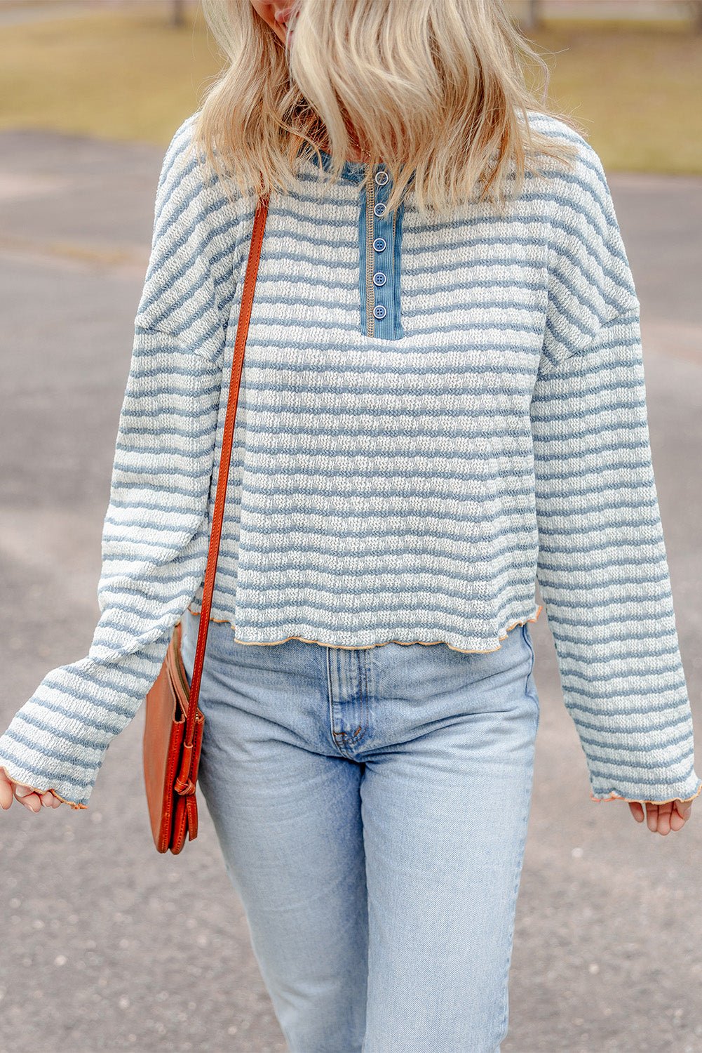 Sky Blue Stripe Textured Frilly Trim Buttons Henley Long Sleeve Top - Bold Rose Boutique